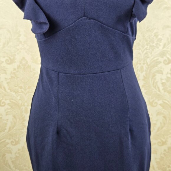 Knitee Size Small Navy Blue Sheath Dress Ruffles at Shoulders Split V Neck NWT - Picture 5 of 16